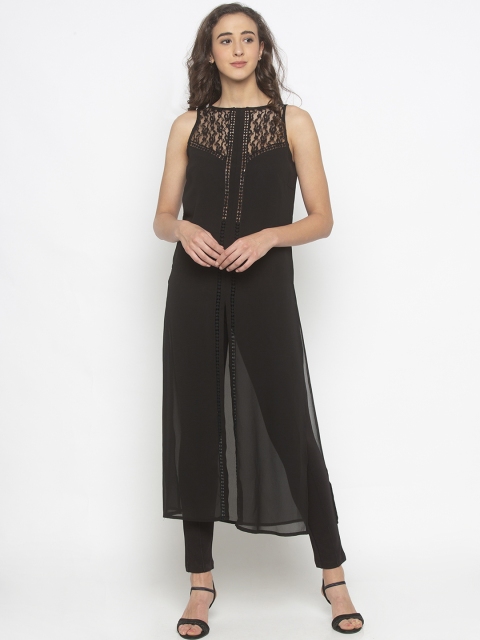 

Iti Women Black Solid Lace Trim Longline Top