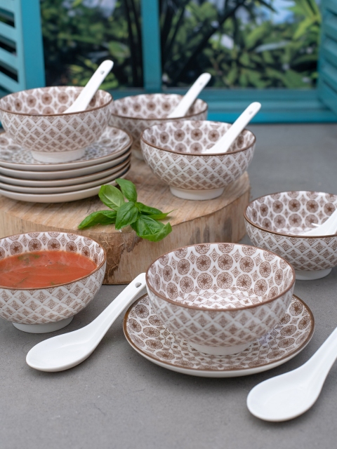 

White Gold Set of 6 White & Brown Bowl Set with Plates and Spoons