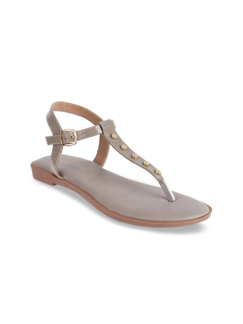 

LEMON & PEPPER Women Grey Embellished Synthetic Patent T-Strap Flats