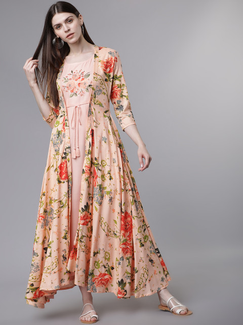

Vishudh Women Peach-Coloured Floral Print A-Line Kurta with Jacket