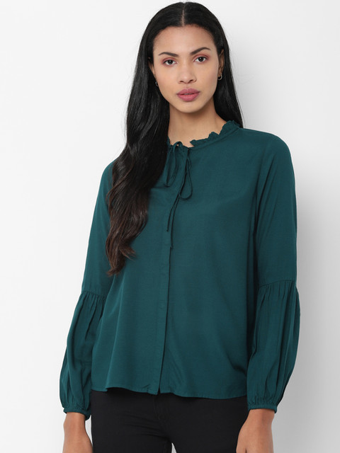 

People Women Teal Green Solid Shirt Style Top