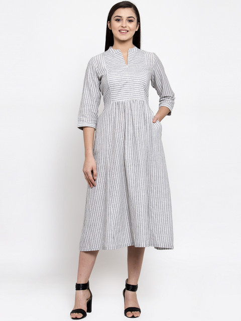 

Ayaany Women White & Grey Striped Fit and Flare Dress