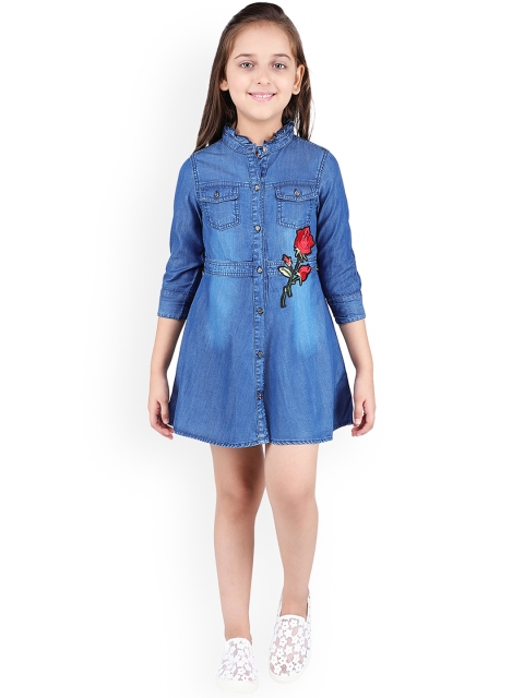 

One Friday Girls Blue Solid Denim Shirt Dress