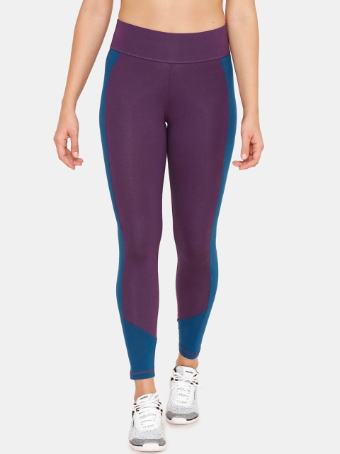 

Zelocity by Zivame Women Purple & Teal Blue Colourblocked High-Rise Skinny-Fit Tights