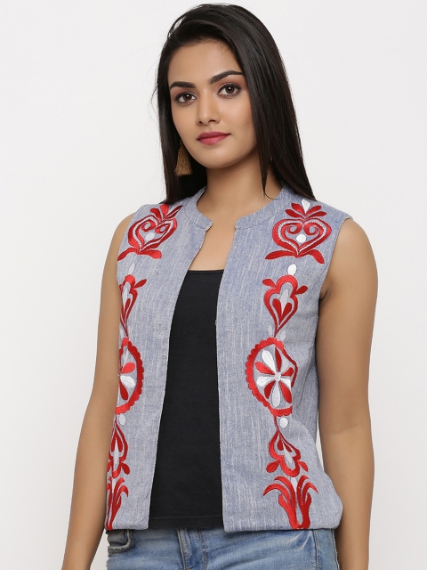 

BUYCLARA Women Blue & Red Embroidered Open Front Shrug