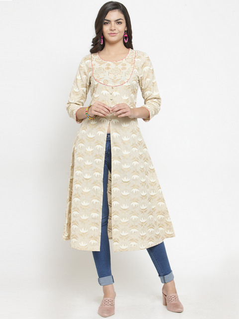 

Kiaasa Women Beige & Gold-Coloured Printed High-Slit A-Line Kurta