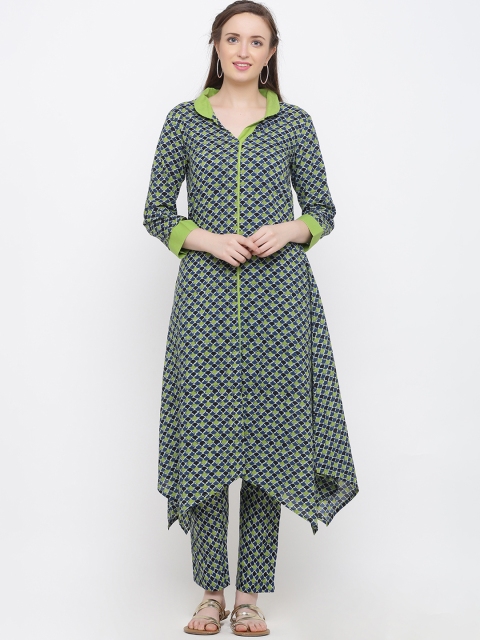 

Indian Virasat Women Green & Blue Printed Kurta with Trousers