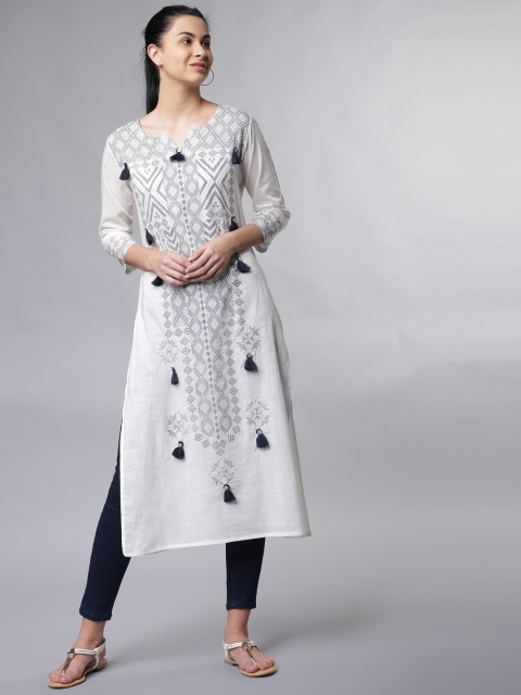 

Vishudh Women White & Black Printed Straight Kurta