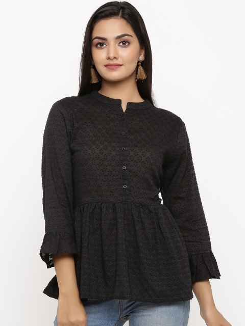 

BUYCLARA Women Black Self Design Peplum Top