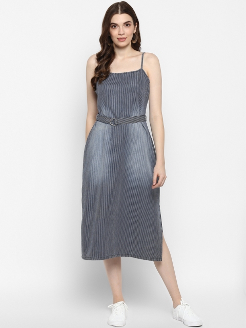 

FOSH Women Navy Blue Striped Fit and Flare Dress