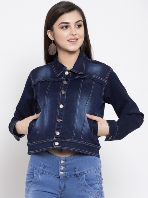 

Purple Feather Women Navy Blue Solid Crop Denim Jacket