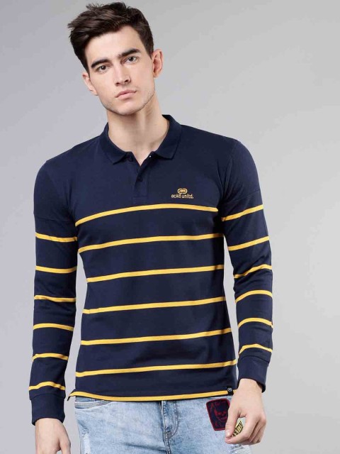 

Ecko Unltd Men Navy Blue & Mustard Yellow Striped Polo Collar T-shirt