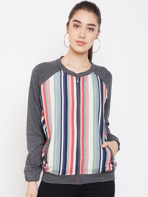 

PURYS Women Grey Striped Bomber Jacket