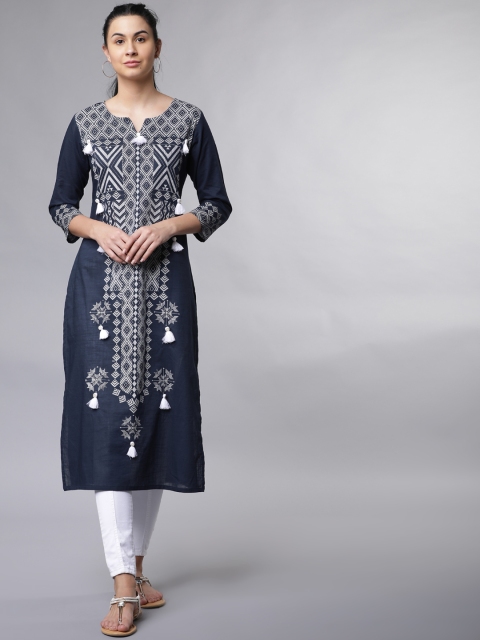 

Vishudh Women Navy Blue & Grey Printed Straight Kurta