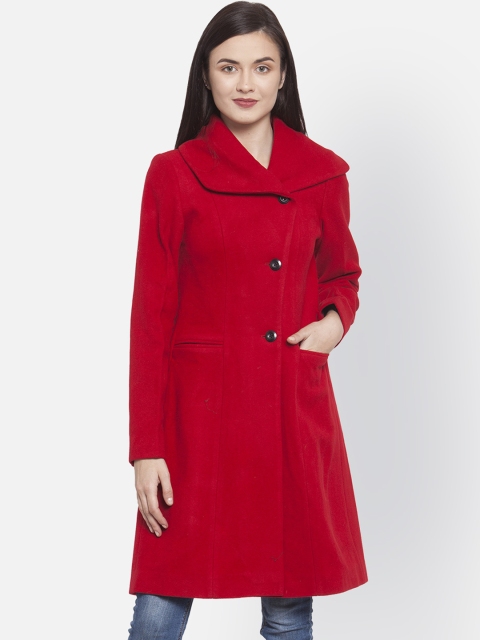 

Owncraft Women Red Solid Single-Breasted Knee-Length Woolen Overcoat