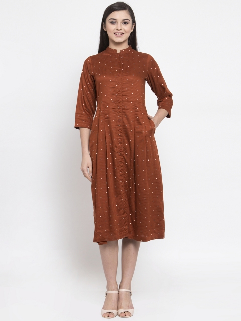 Ayaany Women Brown Printed Fit and Flare Dress
