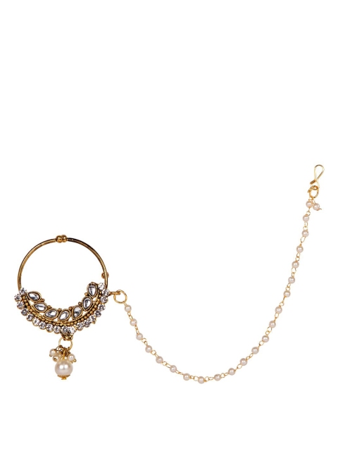 

ANIKAS CREATION Gold-Plated White Beaded & Stone-Studded Chained Nose Ring
