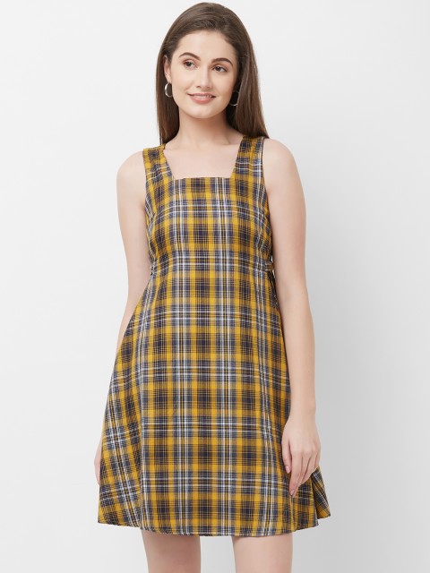 

109F Women Yellow & Navy Blue Checked Fit and Flare Dress