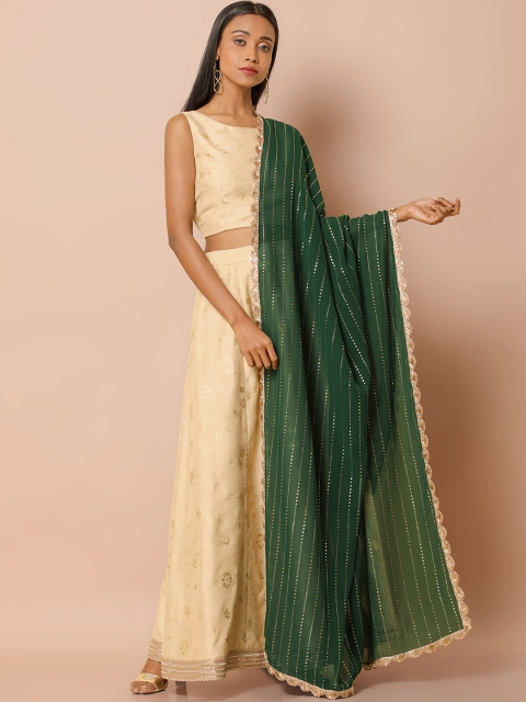 

INDYA Green & Gold-Toned Mukaish Printed Dupatta