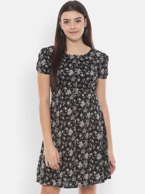 People Women Black Floral Print Fit and Flare Dress