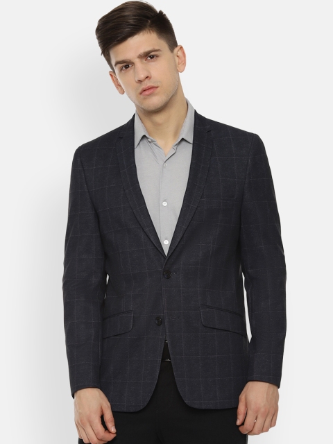 

V Dot Men Navy Blue Checked Super Slim Fit Single Breasted Blazer