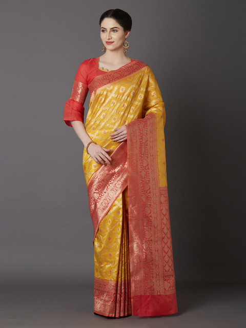 

Mitera Yellow & Red Silk Blend Woven Design Kanjeevaram Saree