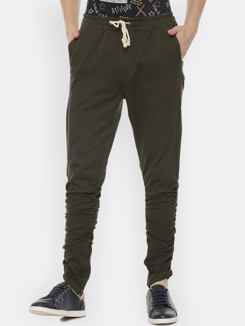 

People Men Olive Green Slim Fit Solid Regular Trousers