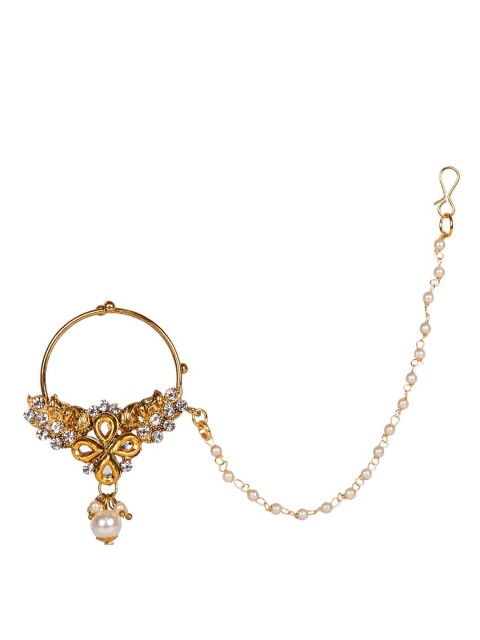 

ANIKAS CREATION Gold-Plated & White Beaded & Stone-Studded Chained Nose Ring