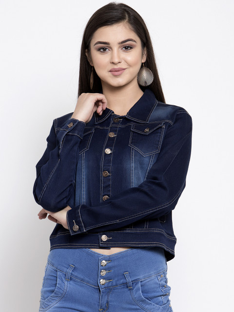 

Purple Feather Women Navy Blue Solid Crop Denim Jacket