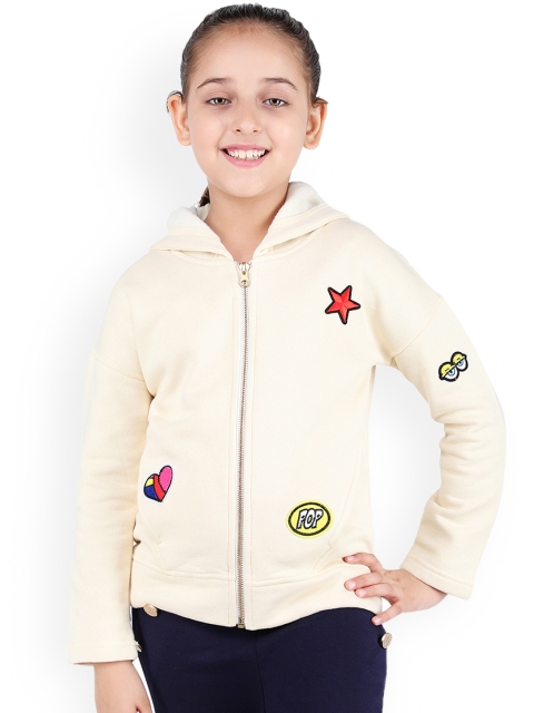 

One Friday Girls Cream-Coloured Solid Hooded Sweatshirt with Applique Detail