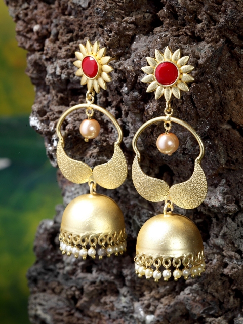 

Moedbuille Gold-Plated & Red Dome Shaped Handcrafted Jhumkas