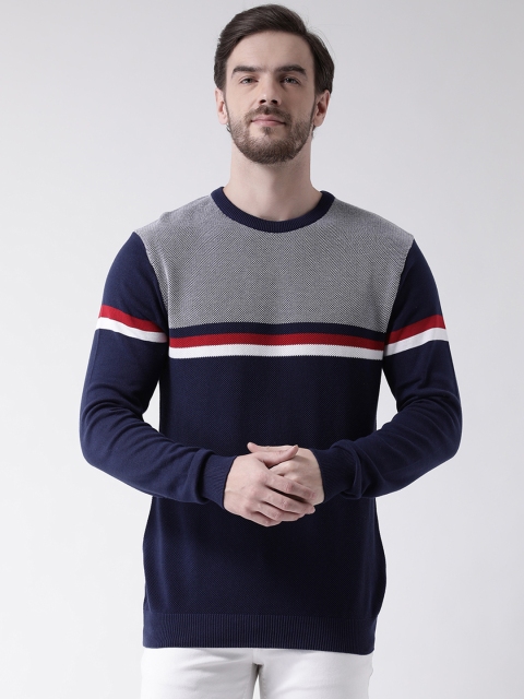 

COBB Men Navy Blue & White Colourblocked Pullover Sweater