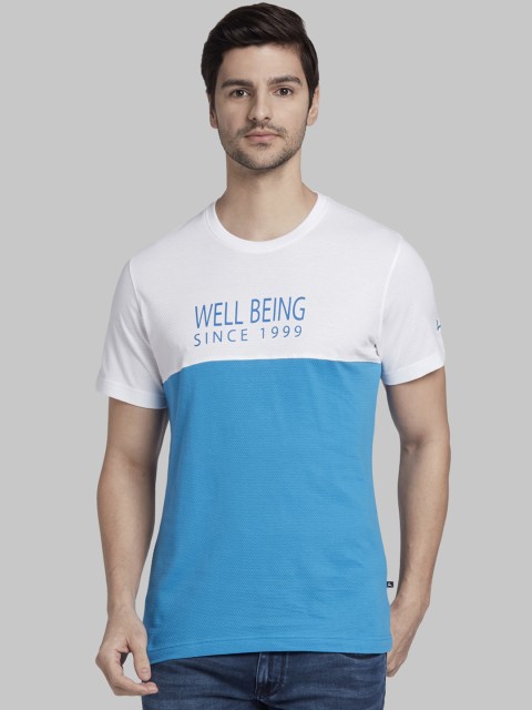 

Parx Men White & Blue Colourblocked Round Neck T-shirt