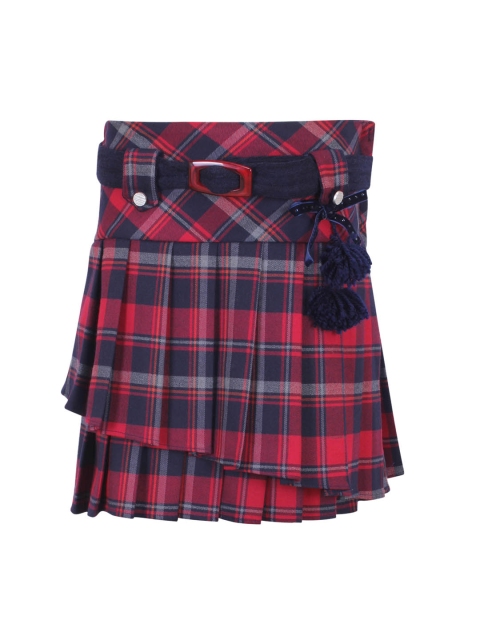 

CUTECUMBER Girls Red & Navy Blue Checked Knee-Length Layered Skirt