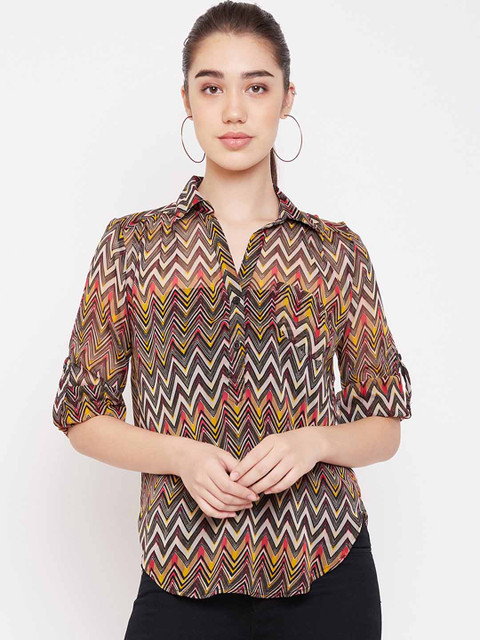 

PURYS Women Brown Printed Shirt Style Top