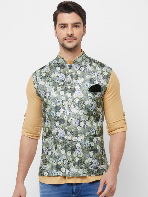 N Dot Men Olive Green & White Floral Printed Woven Nehru Jacket