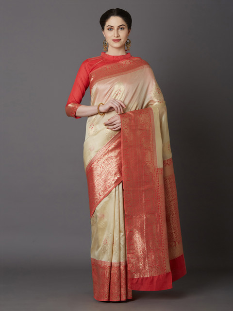 

Mitera Cream-Coloured & Red Silk Blend Woven Design Kanjeevaram Saree