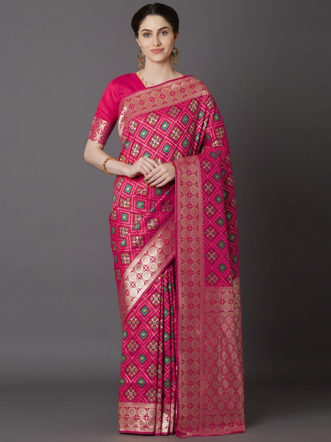 

Mitera Pink Silk Blend Woven Design Kanjeevaram Saree
