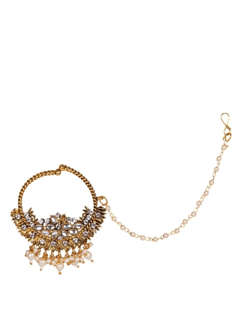 

ANIKAS CREATION Gold-Plated & White Beaded & Stone-Studded Chained Nose Ring