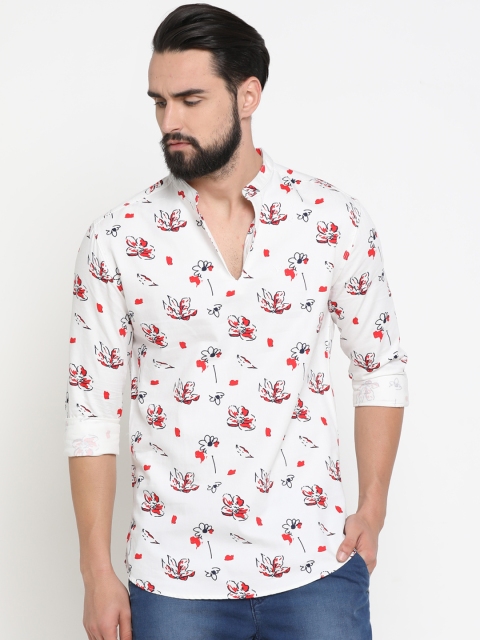 

SHOWOFF Men White & Red Floral Print Straight Kurta