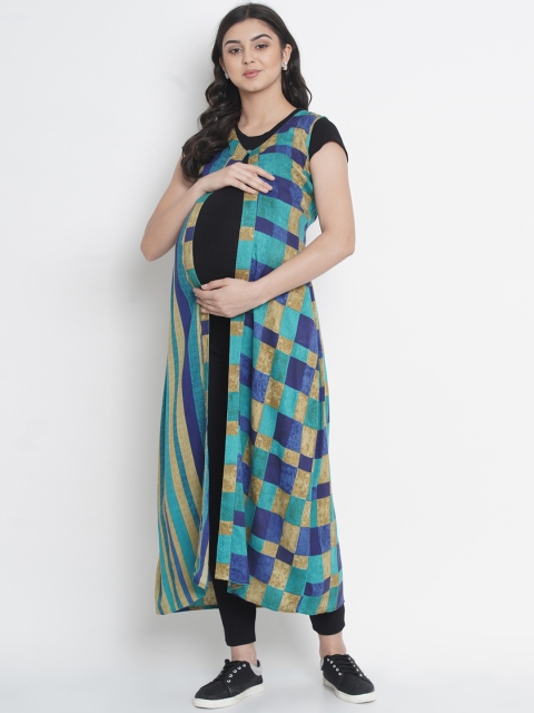 

Mine4Nine Women Blue & Beige Checked Open Front Shrug