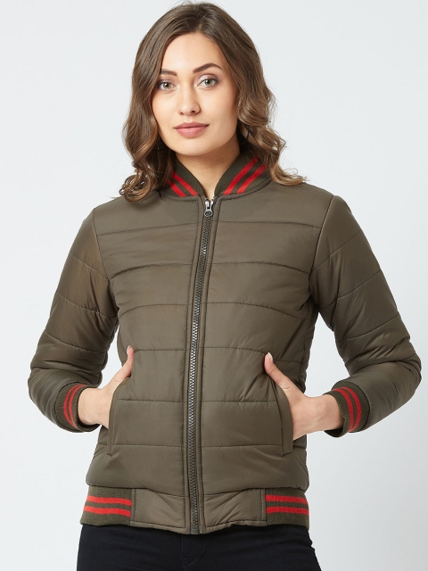 

The Dry State Women Olive Green Striped Padded Jacket