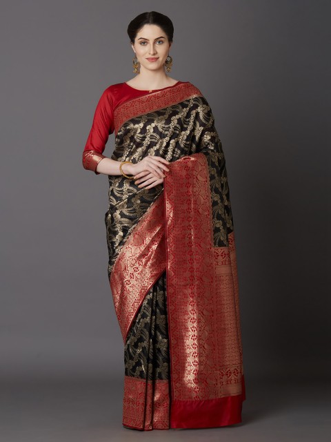 

Mitera Black Silk Blend Woven Design Kanjeevaram Saree