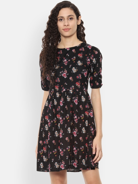 

People Women Black & Red Floral Printed Fit and Flare Dress