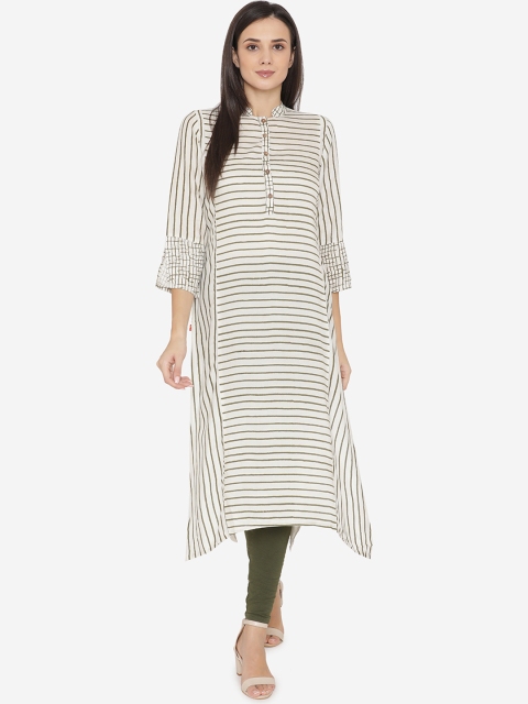 

Laabha Women White & Brown Striped Straight Kurta