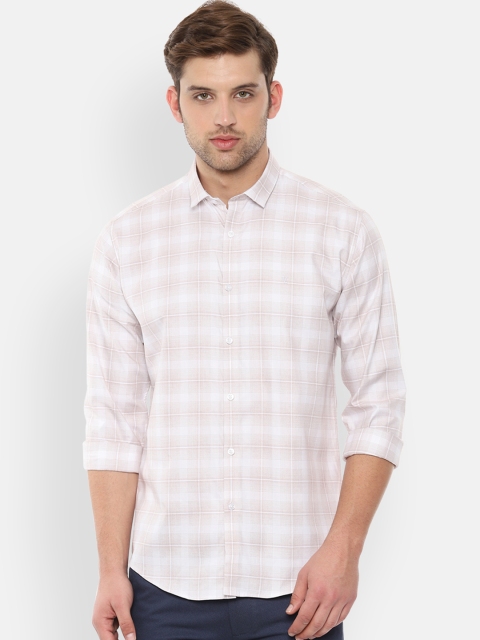 

V Dot Men Off-White & Brown Slim Fit Checked Casual Shirt