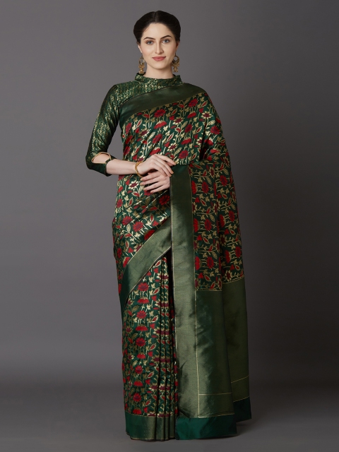 

Mitera Green Silk Blend Woven Design Kanjeevaram Saree