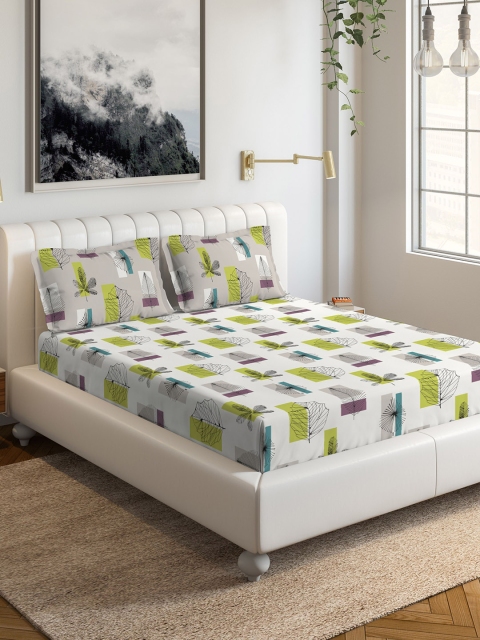 

DDecor Off-White & Green Floral 144 TC Cotton 1 Queen Bedsheet with 2 Pillow Covers