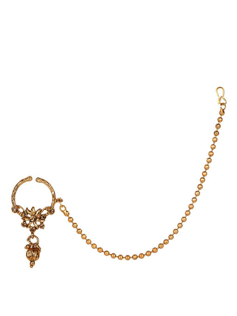 

ANIKAS CREATION Gold-Plated Beaded & Stone-Studded Chained Nose Ring
