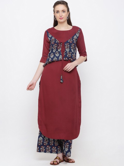 

Indian Virasat Women Maroon & Navy Blue Solid Kurta with Palazzos